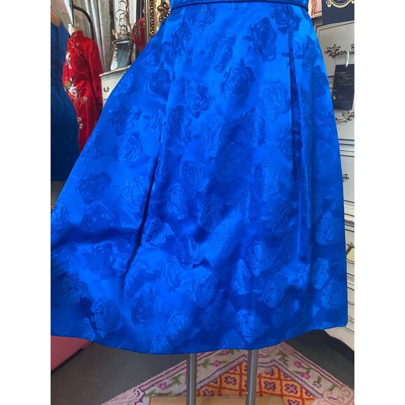 vintage 1960s blue brocade cocktail dress sleeveless flared skirt small mcm 25 - Picture 3 of 9